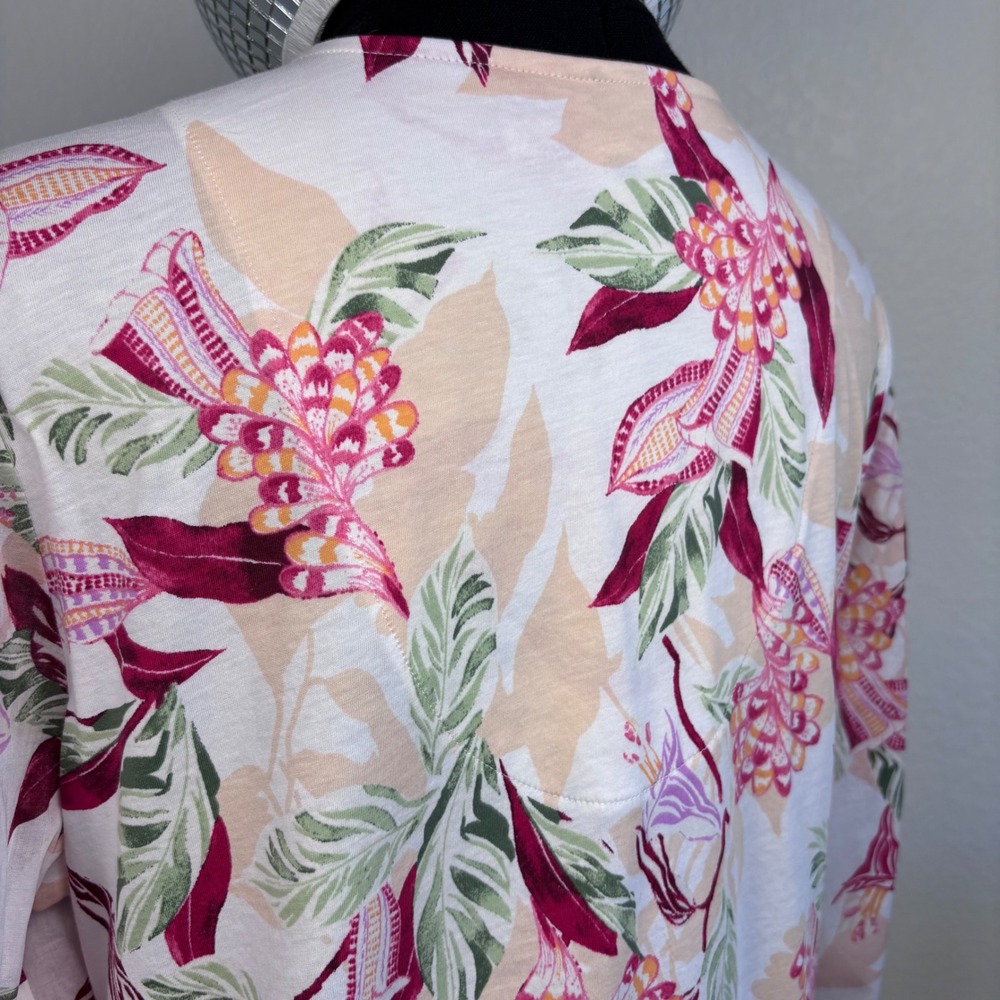 Chicos Pima Cotton Floral Smocked Long Sleeve Tee Size 2 Large Ecru Pink NWT - Picture 16 of 16